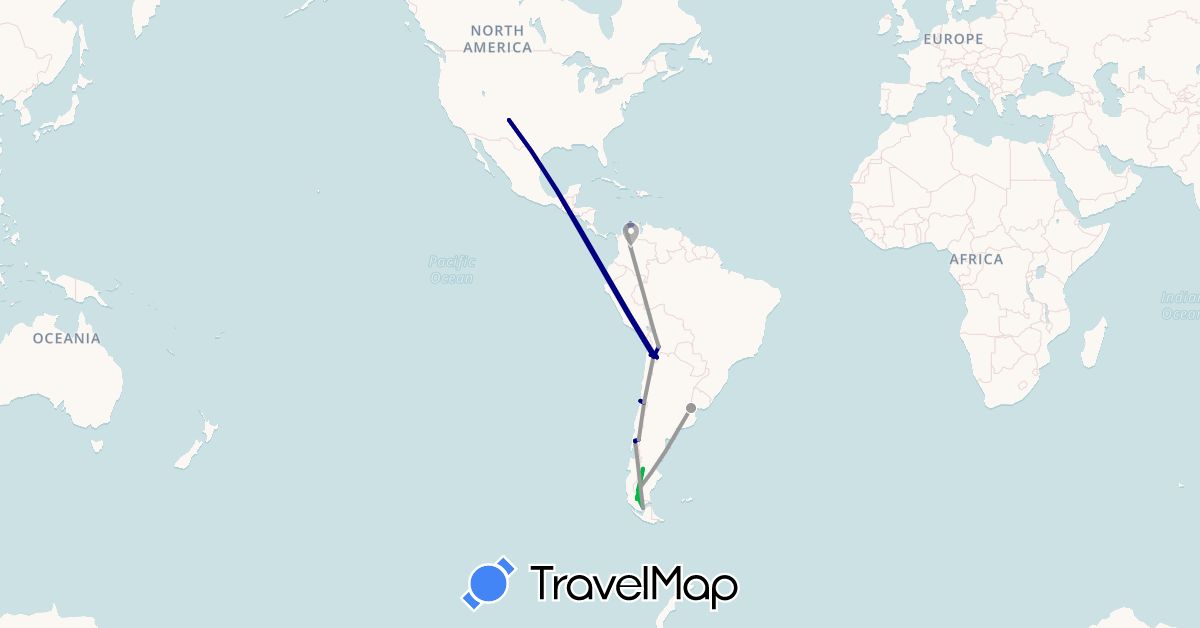 TravelMap itinerary: driving, bus, plane, boat in Argentina, Bolivia, Chile, Colombia (South America)